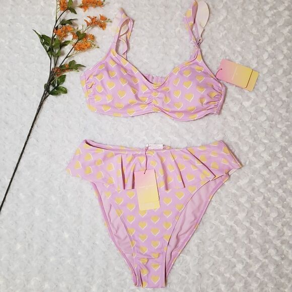 Heart Print High Waisted Bikini Set Womens 1X Purple and Orange Stoney Clover La - Picture 1 of 5